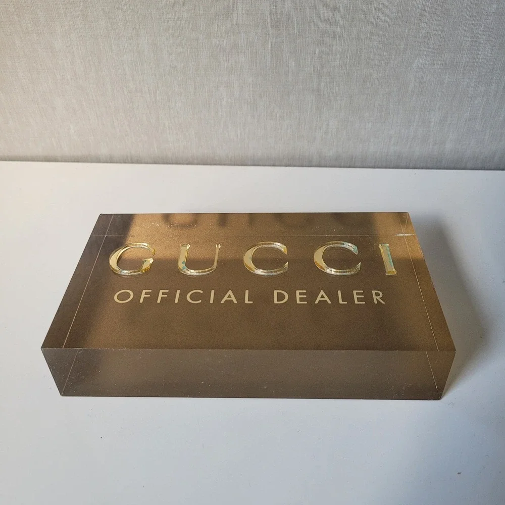 Gucci Official Dealer Lucite Logo Sign Gold Acrylic Display Block Boutique Decor